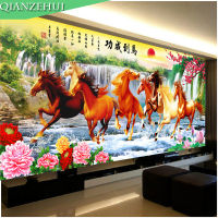 QIANZEHUI,Needlework,DIY landscape eight horse sun rising Cross stitch,Sets For Embroidery kits Cross-Stitch,Wall Home Decro