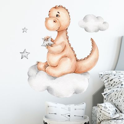 Cartoon Baby Dinosaur Sitting on the Cloud Stars Wall Stickers for Kids Room Baby Nursery Room Wall Decals Decorative Stickers