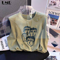 LMD เสื้อเบลาส์ลำลองสไตล์เกาหลีของผู้หญิงพิมพ์ลายการ์ตูนแฟชั่นคอกลมแบบสั้นแขนกุดเสื้อยืดผ้าฝ้ายบริสุทธิ์สำหรับฤดูร้อน2023