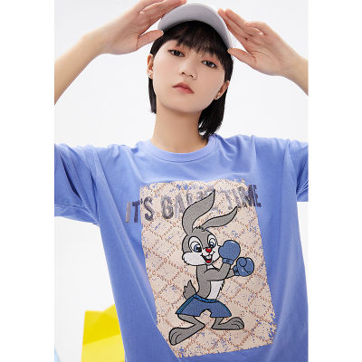 Toyouth Women Tees  Summer Short Sleeve Round Neck Loose T-shirts Cartoon Rabbit Embroidery Print Contrast Colored Chic Casu