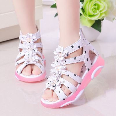 Princess Floral Sandals For Girls Little Big Kids Roman Sandals Children Gladiator Beach Sandals With Pearls Sweet Soft 21-36