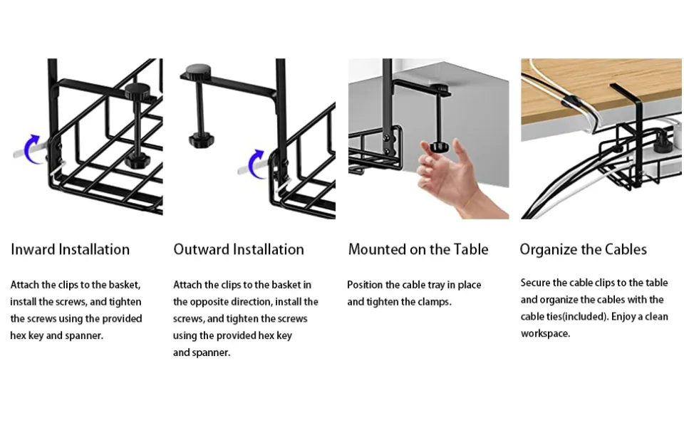 Under Desk Cable Management Tray, Upgraded Long Clamp, Inward Or Outward,  Cord Organizer for Desk, Desk Wire Management,Under Table Cable Management