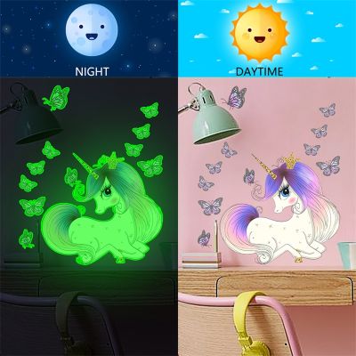 ✆ Unicorn Wall Stickers Vision Nocturne Glow In The Dark Butterfly Decals Luminous Star Nursery Baby Room Decorations for Girls