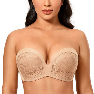 Womens Slightly Padded Push Up Great Support Lace Strapless Bra