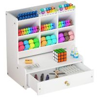 White Desk Organizer, DIY Pen Holder Box, Desktop Stationary Storage Rack for School Home Office