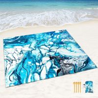 Beach Blanket Waterproof Sandproof Blue Marble Black Picnic Rugs with Sand Pockets and Stakes Marbling Outdoor Pad for Seaside Sleeping Pads