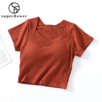 ➧SUPERFLOWER แฟชั่นเสื้อยืดสตรีพร้อมแผ่นอกคอวีแขนสั้นระบายอากาศสั้นท็อปส์