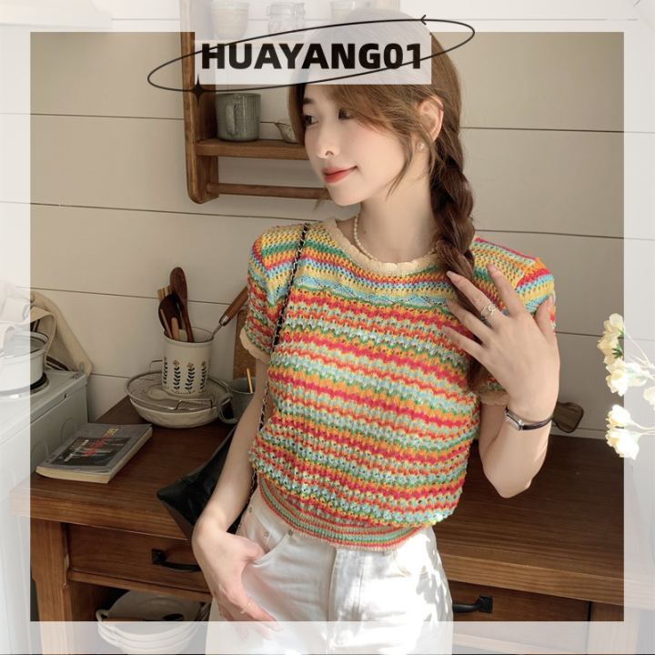 huayang01-2023-new-hot-fashion-lazlook-เสื้อยืดถักลายทางย้อนยุคสำหรับผู้หญิงคอกลมแขนสั้นทรงหลวม