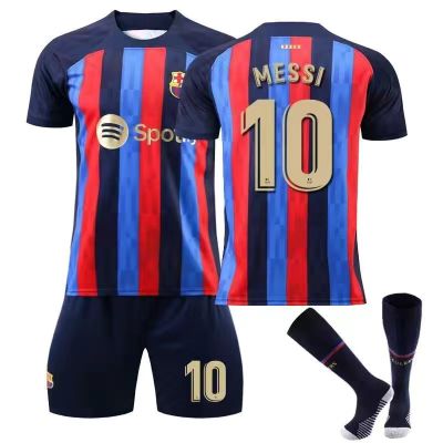 22-23 Barcelona Home Jersey 10 Messi 9 Lewanda Adult Kids Soccer Jersey Childrens+Socks