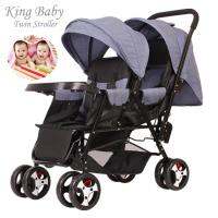 King Baby รถเข็นเด็กแฝด แบบนั่งคู่หน้า-หลัง ปรับเอนนอนอิสระ รุ่น Front &amp; Rear พร้อมแผ่นซัพพอร์ตและมุ้งขนาดใหญ่ ( สีฟ้ายีนส์ )