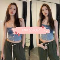 DD SHOPพร้อมส่ง 8808 เสื้อเกาะอกยีนส์ เท่สียีนส์ สม๊อคหลังยืดเล็กน้อย -NZ-XX