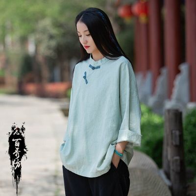 【Available】2022ฤดูใบไม้ผลิฤดูใบไม้ร่วงลำลองผ้าลินินคอกลมแขนยาวเสื้อเสื้อจีนแบบดั้งเดิมสำหรับผู้หญิงแฟชั่นหลวม Tang Suit