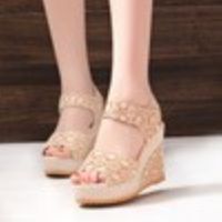 Europe and the United States foreign trade wedges lace color matching fish mouth high-heeled sandals female sponge thick bottom Velcro beach cool slippers