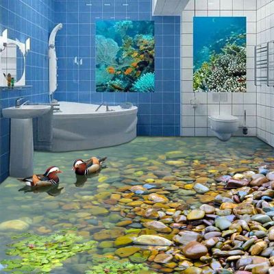 ❁ Custom Mural Wallpaper Cobblestone Ducks 3D Bathroom Floor Stickers Waterproof Self-adhesive PVC Vinyl Wall Paper Home Decor