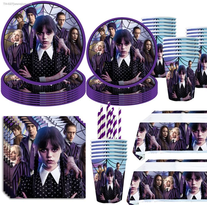 the-movie-wednesday-addams-birthday-party-decoration-banner-balloon-tableware-festive-event-supplies-free-custom-background