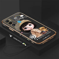 คลังสินค้าพร้อมเคสเคสมือถือสำหรับ Tecno Pova Neo พร้อมฟรีสายคล้อง + สาวน่ารักการ์ตูนขอบสี่เหลี่ยมชุบเคลือบฝาหลังนิ่ม