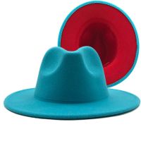 New Outer Lake Blue Inner Red Wool Felt Jazz Fedora Hats With Thin Belt Buckle Men Women Wide Brim Panama Trilby Cap 56-60CM