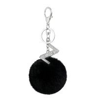 26 letters Black pompon fur ball keychain creative small gift pendant alloy rhinestone alphabet key chain key ring