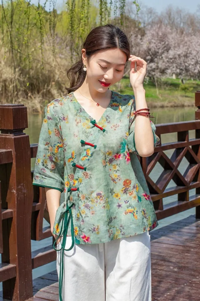 Vintage National Style Floral Print Cotton Linen Linen Dress Women