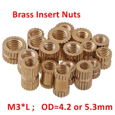 100pcs Brass Insert Nuts M3*3/4/5/6/8/10mm OD=4.2 or 5.3mm Knurled Brass Inserts Nuts Copper Nuts Injection Moulding Inserts Nails Screws Fasteners