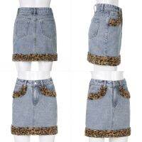 ผู้หญิงเซ็กซี่สูงเอว A-Line Denim กระโปรงดินสอมินิ Vintage Leopard Plush Patchwork Harajuku Slim Fit Streetwear กระเป๋า10CD