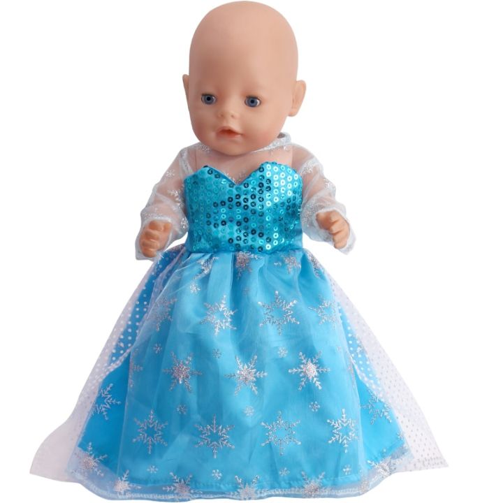 ชุดเสื้อผ้าชุดเจ้าหญิงสีฟ้าปักเลื่อมน้ำแข็งเหมาะกับ43ซม-ตุ๊กตาเด็กเด็กแรกเกิด17นิ้วเสื้อผ้าตุ๊กตาทารกเกิดใหม่