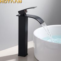 Waterfall Brass Basin Faucet Deck Mounted Single Lever Single Hole Cold&amp;Hot Bathroom Basin Mixer Black Plated Tap