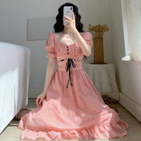 Vintage Short Sleeve Beach Dresses for Women Elegant Dot Midi Dress Female Square Collar Party One Piece Dress Korean Summer New