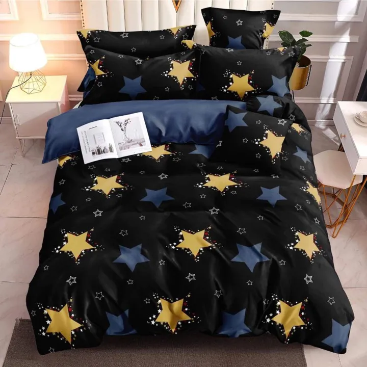 Queen STAR BLACK Fitted Bed Sheet Canadian Fabric Bedsheet with 2 Pillowcase (4Corner