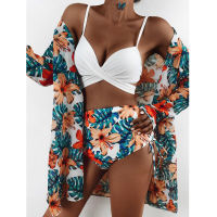 2022 New y Three Pieces Bikini Set Cover Up Swimwear Women Swimsuit Print Long Sleeve Bathing Suit Beachwear Swimming Biquini