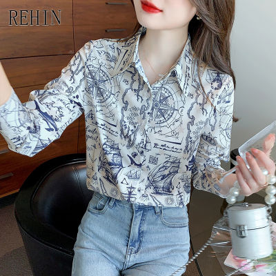 REHIN ผู้หญิงเสื้อแขนยาวฤดูใบไม้ร่วงออกแบบใหม่ Niche Collision Retro พิมพ์ Lapel ผ้าไหมหม่อน Elegant เสื้อ