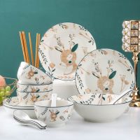 [COD] deer has your rice bowl dish set Japanese-style ceramic tableware plate noodle soup chopsticks combination