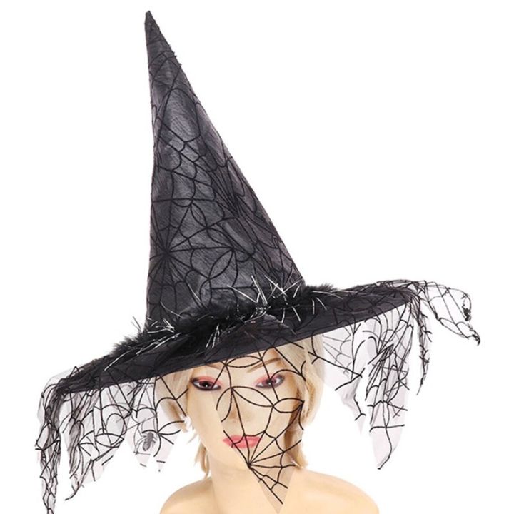 ฮาโลวีนแม่มดหมวกที่มีผ้าคลุมหน้าผู้หญิงผู้ชายเครื่องแต่งกายตัวช่วยสร้างหมวกสีทึบเทศกาลหนา-wrinked-หมวกปาร์ตี้วันหยุดคอสเพลย์อุปกรณ์ประกอบฉาก
