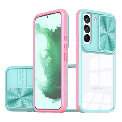 Slide Camera Lens Cap Transparent Hard Phone Case For Samsung Galaxy S21 S20 FE S23 S22 Ultra Plus A73 5G Clear Shockproof Cover