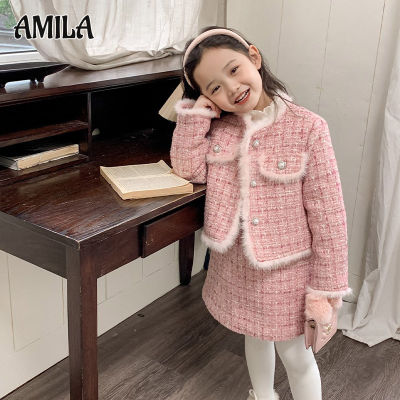 AMILA เสื้อแจ็กเก็ตลายผ้าต่อฤดูหนาว + กระโปรงเด็กผู้หญิง,ชุดสองชิ้นสไตล์เกาหลี Setelan Cantik ใหม่