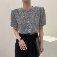 Sequin Top Women Korean Summer Retro round Neck Short Sleeve T shirt Party AIXIN