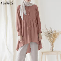 HijabFab ZANZEA เสื้อคอกลมแขนสั้นมุสลิม,เสื้อเสื้อสูงต่ำลำลองทรงหลวมติดกระดุม