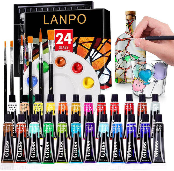 12 24 Colors Stain Glass Paint Set with 6 Nylon Brushes, 1 Palette