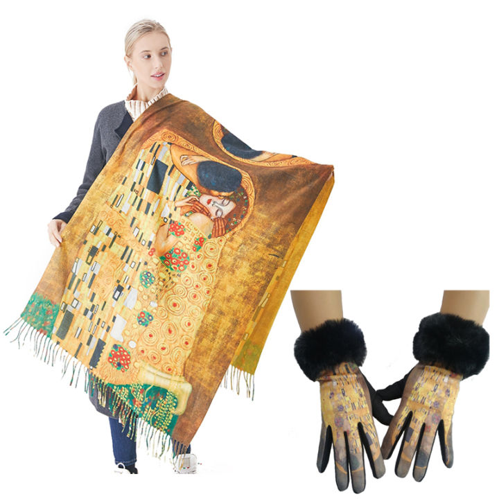 2021Gustav Klimt Oil Paint Lover Kissing Scarf and Gloves Set Women Luxury Cashmere Scarves Winter Warm Gloves Gifts For Girlfriend