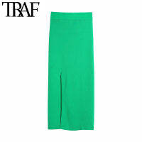 TRAF Women Chic Fashion Front Slit Ribbed Knit Midi Skirt Vintage High Elastic Waist Female Skirts Mujer