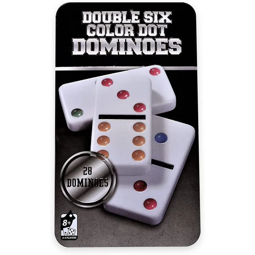 Double Six Color Dominoes Set in a Collector's Black tin 28 Color