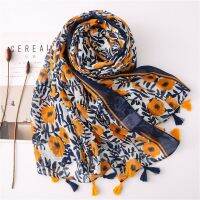 ；【‘；- 2021 Newest Flower Printed Scarf Hijabs Tassels Women Shawls Cotton Muslim Head Wraps Large Size Fashion Head Scarves 1PC Retail