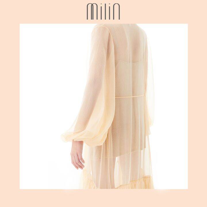 milin-balloon-sleeve-robe-with-ruched-hem-detail-เสื้อคลุม-ตัวยาว-ผ้าชีฟองโปร่ง-แขนทรงบอลลูน-violet-beige-สีม่วง-สีเบจ-gong-he-robe