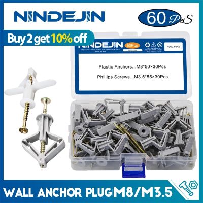 NINDEJIN 60 ชิ้น/เซ็ตพลาสติกDrywall Anchor M8 * 35/50 มิลลิเมตรผนังAnchorเสียบกับM3.5 ตนเองแตะสกรูผีเสื้อAnchorชุดสารพัน