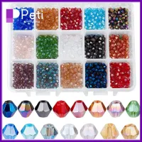 PETI JEWELLERY 1500Pcs 4mm ดีไอวาย การทำเครื่องประดับ ลูกปัดงานฝีมือ 15สี ลูกปัดคั่นคริสตัล Bicone เหลี่ยมเพชรพลอย พร้อมกล่องเก็บของ ลูกปัดแก้วลูกปัด