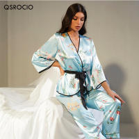 QSROCIO Womens Pajamas Set Vintage Blue Flower Print Sleepwear Silk Like V Neck Collar Leisure Home Clothes Homewear Nightwear