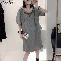 【HOT】∋☢℡ S-4XL Hooded Straight Ulzzang Leisure Vestido Short Sleeve Youth