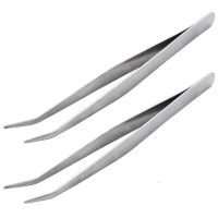 2X 5.9 inch Long Silver Tone Bent Curved Tip Tweezers Forceps Plier Hand Tool