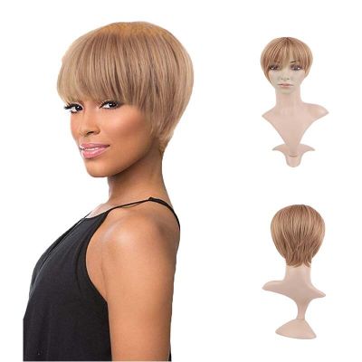 Short Straight Wig Pixie Cut Wigs For Women Flax White Gold Wigs Synthetic Hair Cosplay Wig With Bangs Heat Resistant Fiber