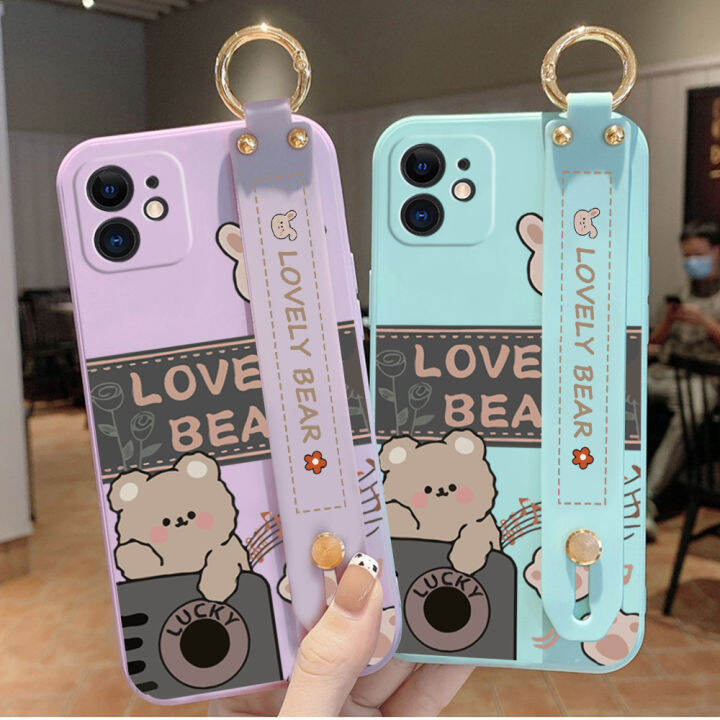 เคส-ggk-สำหรับ-oppo-reno10-pro-5g-พร้อมสายรัดข้อมือเคสโทรศัพท์ลายการ์ตูนหมีน่ารักขอบสี่เหลี่ยมของเหลวปลอกซิลิโคนคลุมทั้งหมดกล้องเคสป้องกันการกระแทก